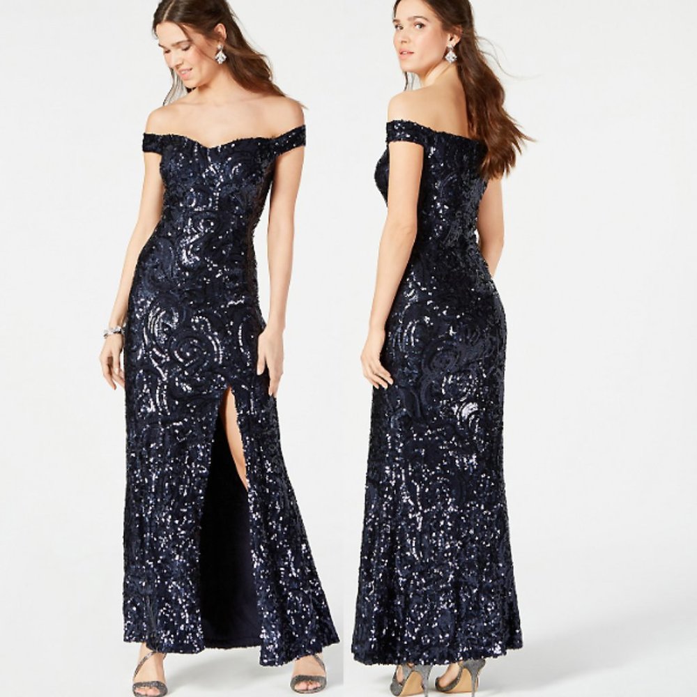 Night Way Navy Blue Off The Shoulder Sequined Evening Gown 4